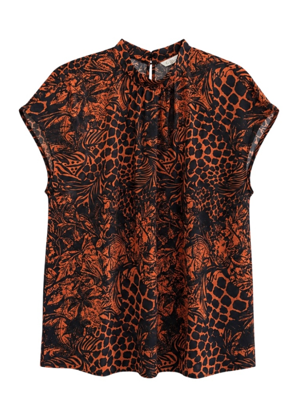 Cleo Black & Orange Patterned Mock Neck Blouse – Size Large NWT